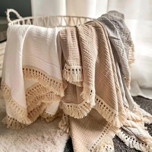 Neutral Muslin Tassel Blankets