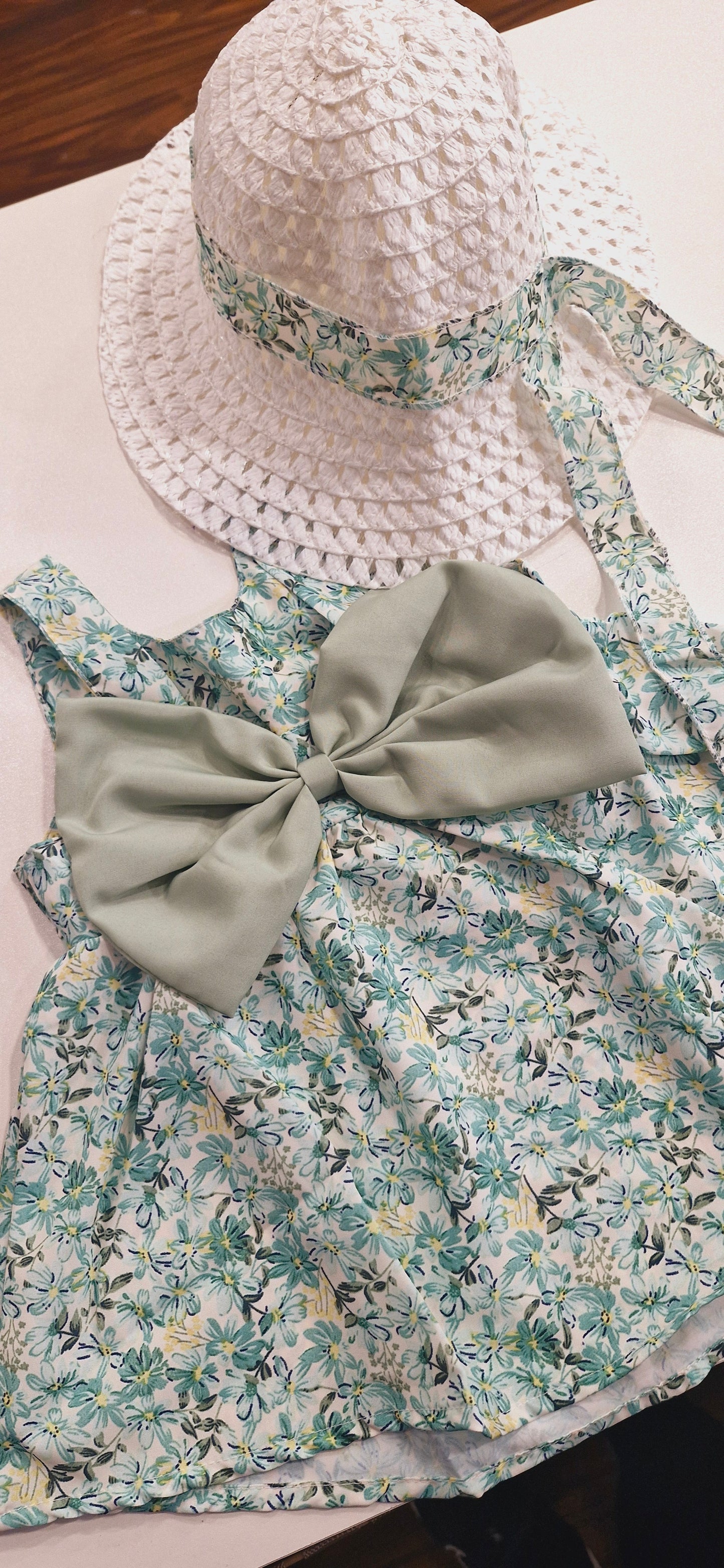 Floral Dress and Hat Set in Sage Green