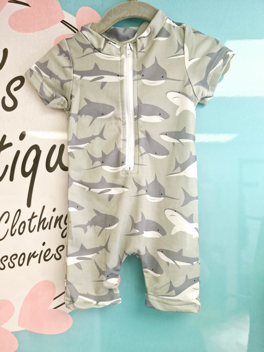 Shark print Swim Romper 6-12 months preloved